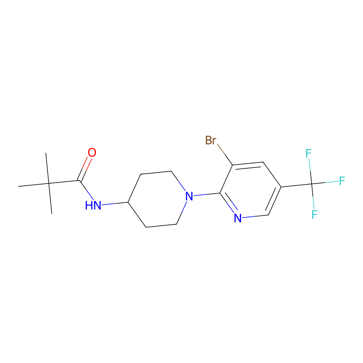 N-{1-[3-bromo-5-(trifluoromethyl)pyridin-2-yl]piperidin-4-yl}-2,2-dimethylpropanamide molecular structure, CAS 2741946-00-7