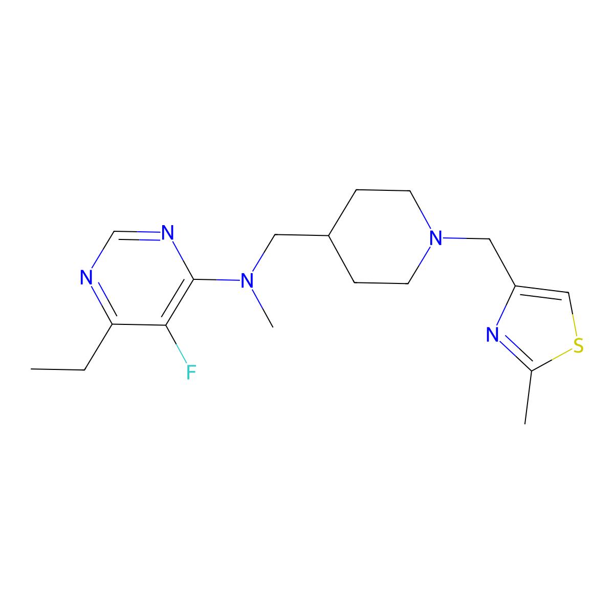 6-ethyl-5-fluoro-N-methyl-N-({1-[(2-methyl-1,3-thiazol-4-yl)methyl]piperidin-4-yl}methyl)pyrimidin-4-amine molecular structure, CAS 2741946-03-0