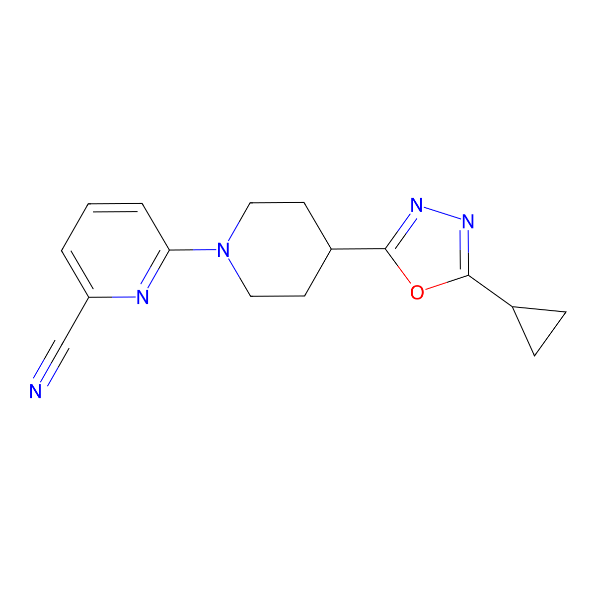 6-[4-(5-Cyclopropyl-1,3,4-oxadiazol-2-yl)piperidin-1-yl]pyridine-2-carbonitrile molecular structure, CAS 2741946-04-1