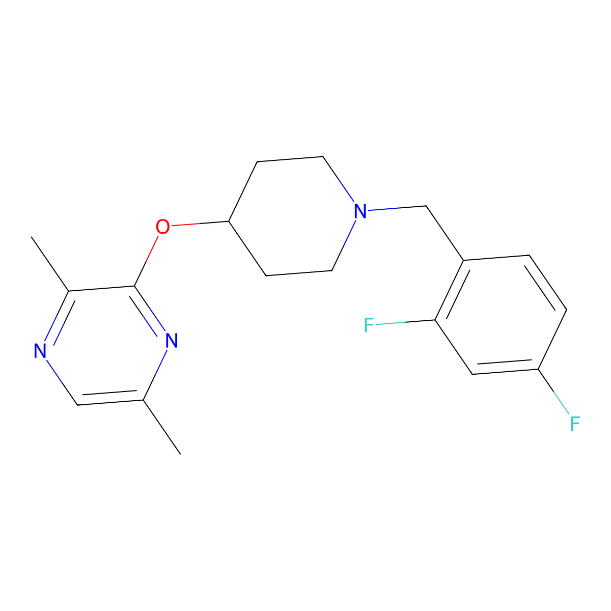 3-({1-[(2,4-Difluorophenyl)methyl]piperidin-4-yl}oxy)-2,5-dimethylpyrazine molecular structure, CAS 2741946-06-3