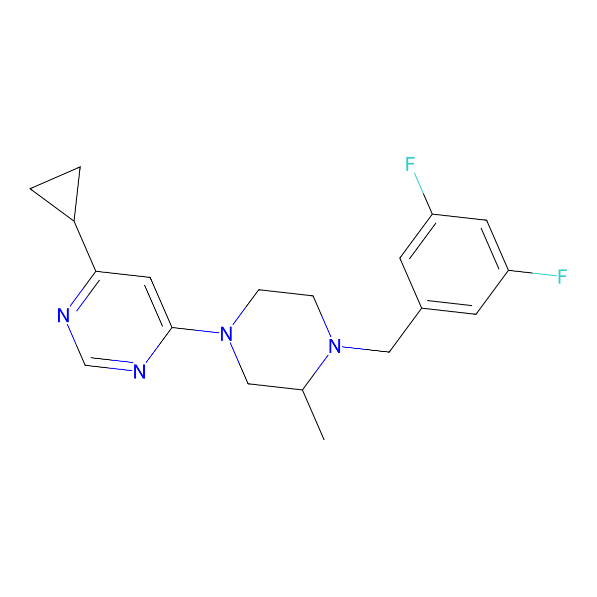 4-Cyclopropyl-6-{4-[(3,5-difluorophenyl)methyl]-3-methylpiperazin-1-yl}pyrimidine molecular structure, CAS 2741946-07-4