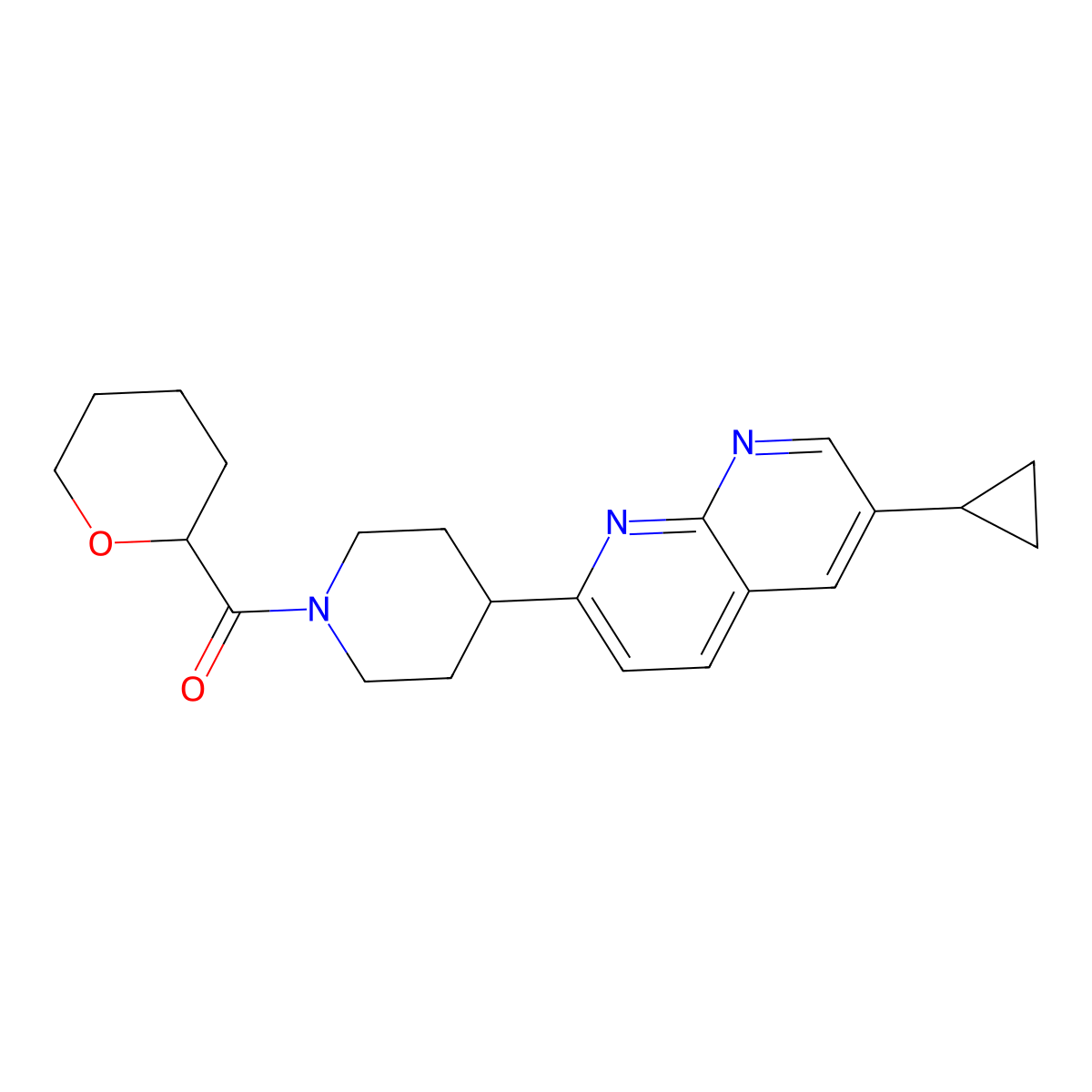 6-Cyclopropyl-2-[1-(oxane-2-carbonyl)piperidin-4-yl]-1,8-naphthyridine molecular structure, CAS 2741947-54-4