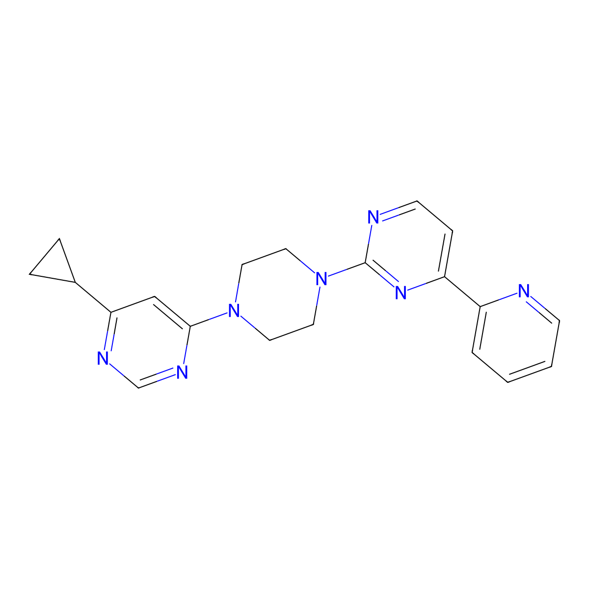 2-[4-(6-Cyclopropylpyrimidin-4-yl)piperazin-1-yl]-4-(pyridin-2-yl)pyrimidine molecular structure, CAS 2741947-59-9