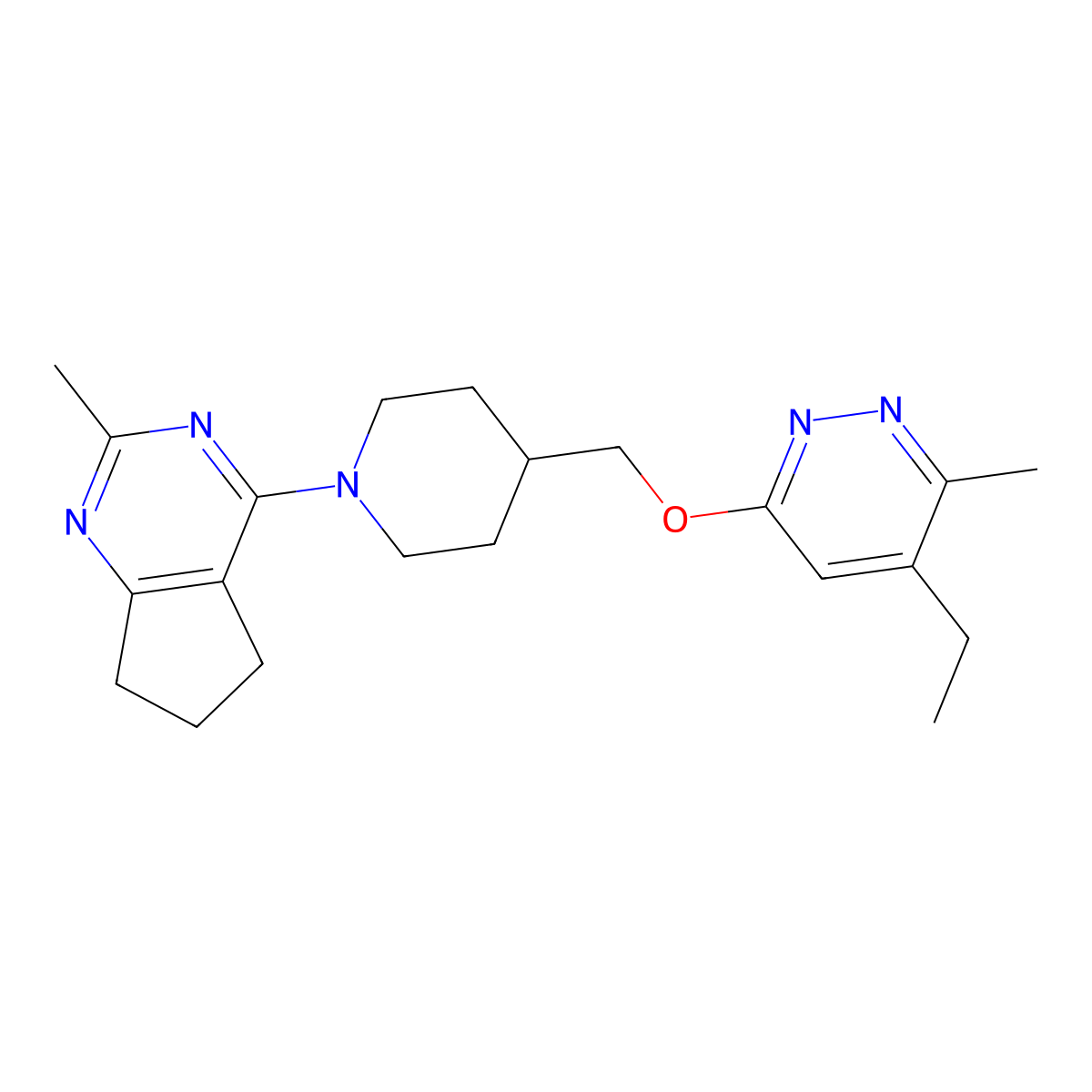 4-ethyl-3-methyl-6-[(1-{2-methyl-5H,6H,7H-cyclopenta[d]pyrimidin-4-yl}piperidin-4-yl)methoxy]pyridazine molecular structure, CAS 2741947-60-2