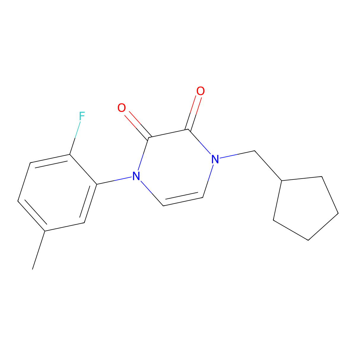 1-(Cyclopentylmethyl)-4-(2-fluoro-5-methylphenyl)-1,2,3,4-tetrahydropyrazine-2,3-dione molecular structure, CAS 2741947-65-7