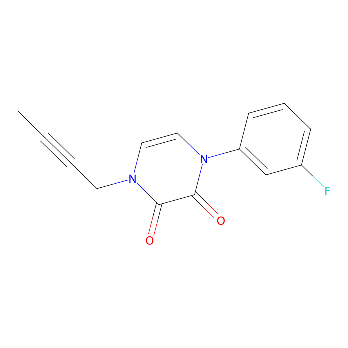 1-(But-2-yn-1-yl)-4-(3-fluorophenyl)-1,2,3,4-tetrahydropyrazine-2,3-dione molecular structure, CAS 2741947-67-9
