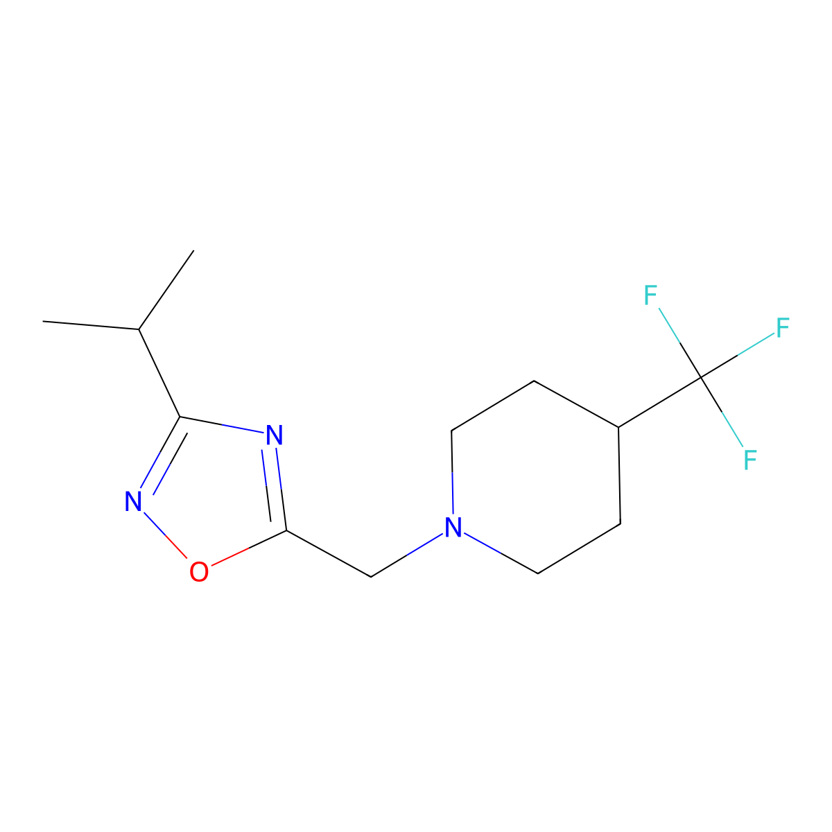 1-{[3-(Propan-2-yl)-1,2,4-oxadiazol-5-yl]methyl}-4-(trifluoromethyl)piperidine molecular structure, CAS 2741947-70-4