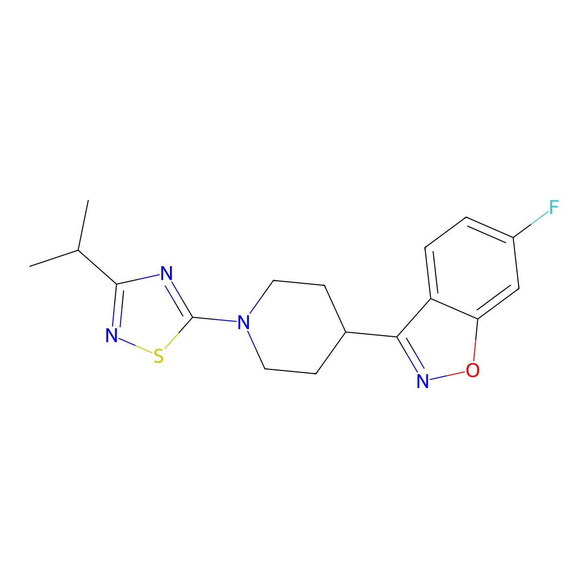 6-Fluoro-3-{1-[3-(propan-2-yl)-1,2,4-thiadiazol-5-yl]piperidin-4-yl}-1,2-benzoxazole molecular structure, CAS 2741947-79-3