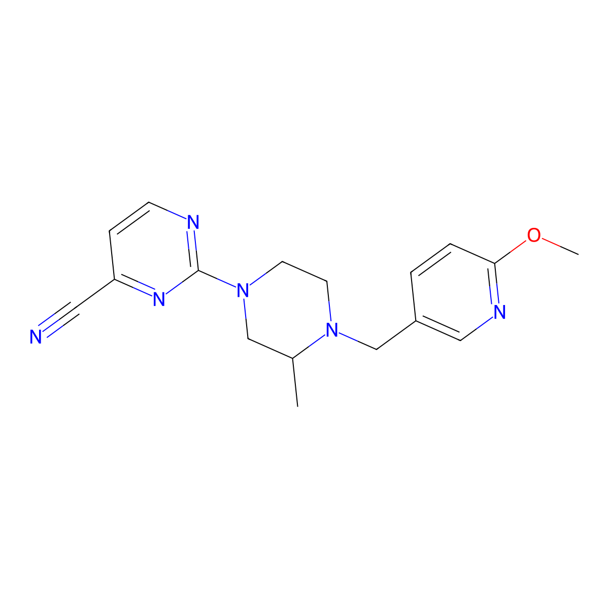 2-{4-[(6-Methoxypyridin-3-yl)methyl]-3-methylpiperazin-1-yl}pyrimidine-4-carbonitrile molecular structure, CAS 2741947-81-7