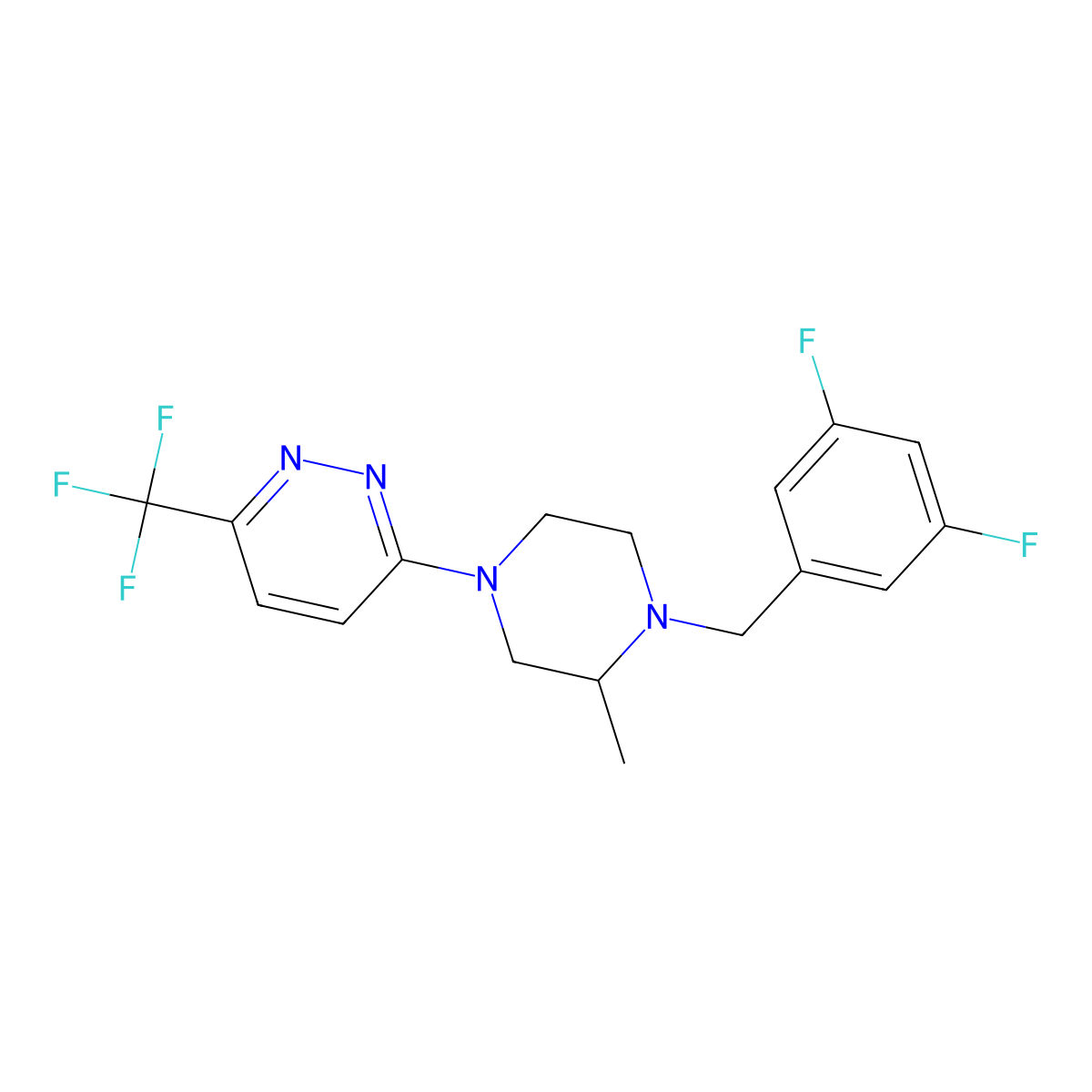 3-{4-[(3,5-Difluorophenyl)methyl]-3-methylpiperazin-1-yl}-6-(trifluoromethyl)pyridazine molecular structure, CAS 2741947-90-8