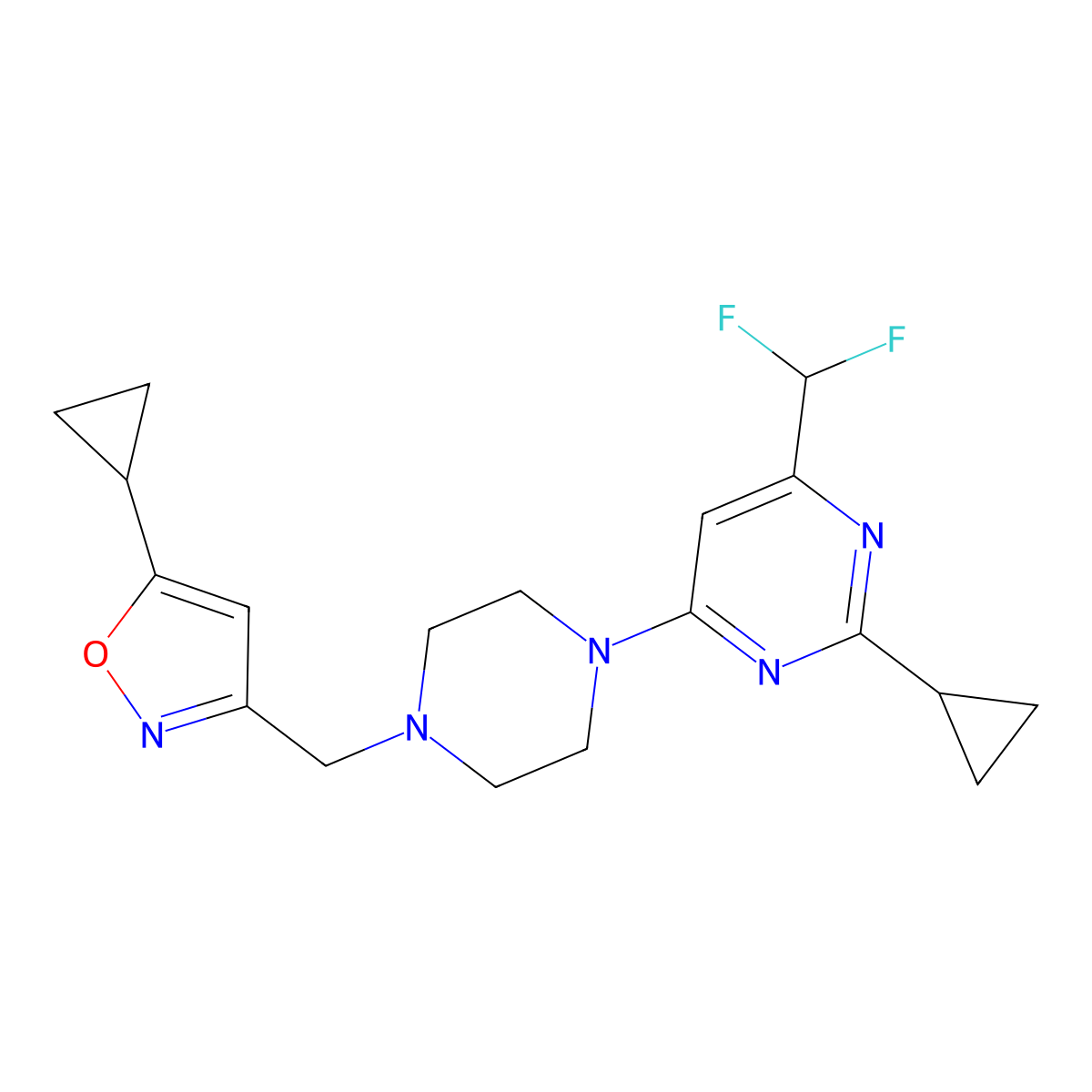 2-Cyclopropyl-4-{4-[(5-cyclopropyl-1,2-oxazol-3-yl)methyl]piperazin-1-yl}-6-(difluoromethyl)pyrimidine molecular structure, CAS 2741947-97-5