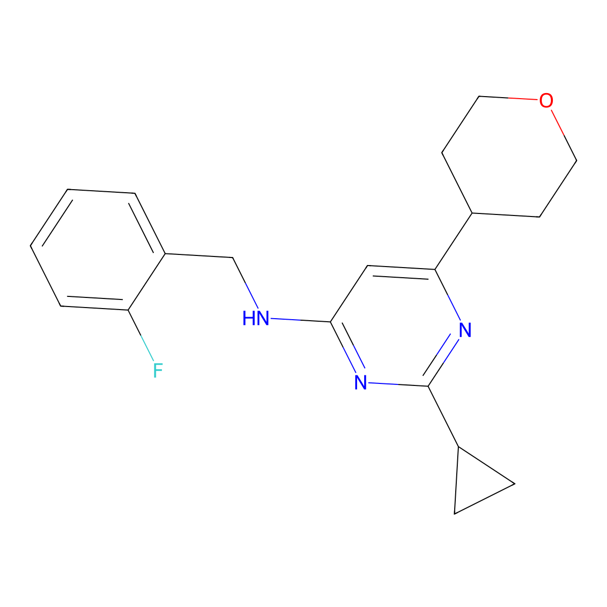 2-cyclopropyl-N-[(2-fluorophenyl)methyl]-6-(oxan-4-yl)pyrimidin-4-amine molecular structure, CAS 2741948-08-1