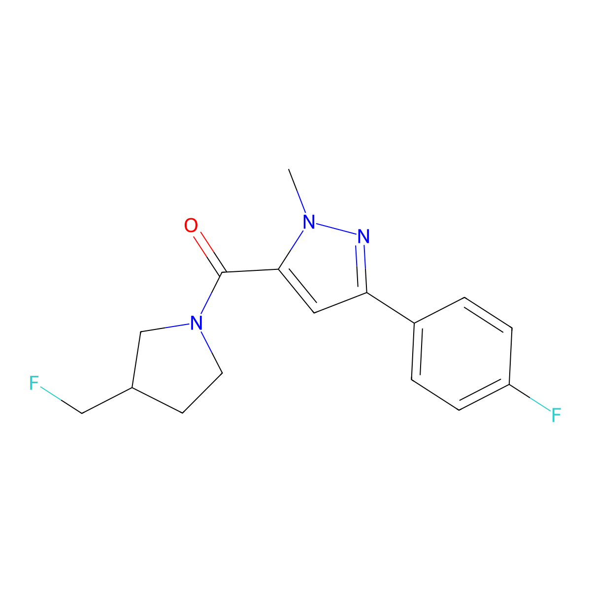 5-[3-(fluoromethyl)pyrrolidine-1-carbonyl]-3-(4-fluorophenyl)-1-methyl-1H-pyrazole molecular structure, CAS 2741948-12-7