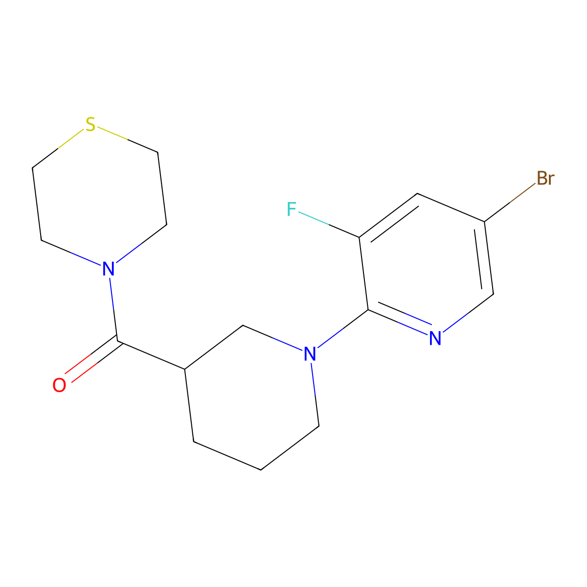 4-[1-(5-Bromo-3-fluoropyridin-2-yl)piperidine-3-carbonyl]thiomorpholine molecular structure, CAS 2741948-23-0