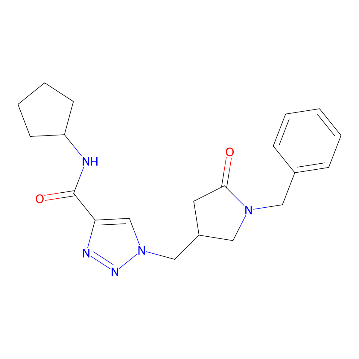1-[(1-benzyl-5-oxopyrrolidin-3-yl)methyl]-N-cyclopentyl-1H-1,2,3-triazole-4-carboxamide molecular structure, CAS 2741948-32-1