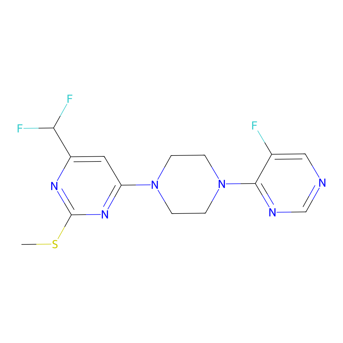 4-(Difluoromethyl)-6-[4-(5-fluoropyrimidin-4-yl)piperazin-1-yl]-2-(methylsulfanyl)pyrimidine molecular structure, CAS 2741948-34-3