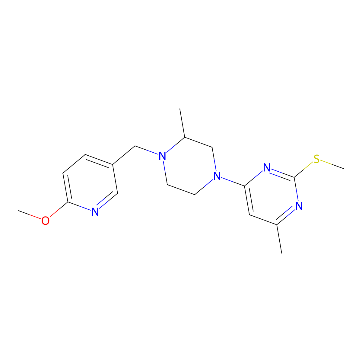 4-{4-[(6-Methoxypyridin-3-yl)methyl]-3-methylpiperazin-1-yl}-6-methyl-2-(methylsulfanyl)pyrimidine molecular structure, CAS 2741948-39-8