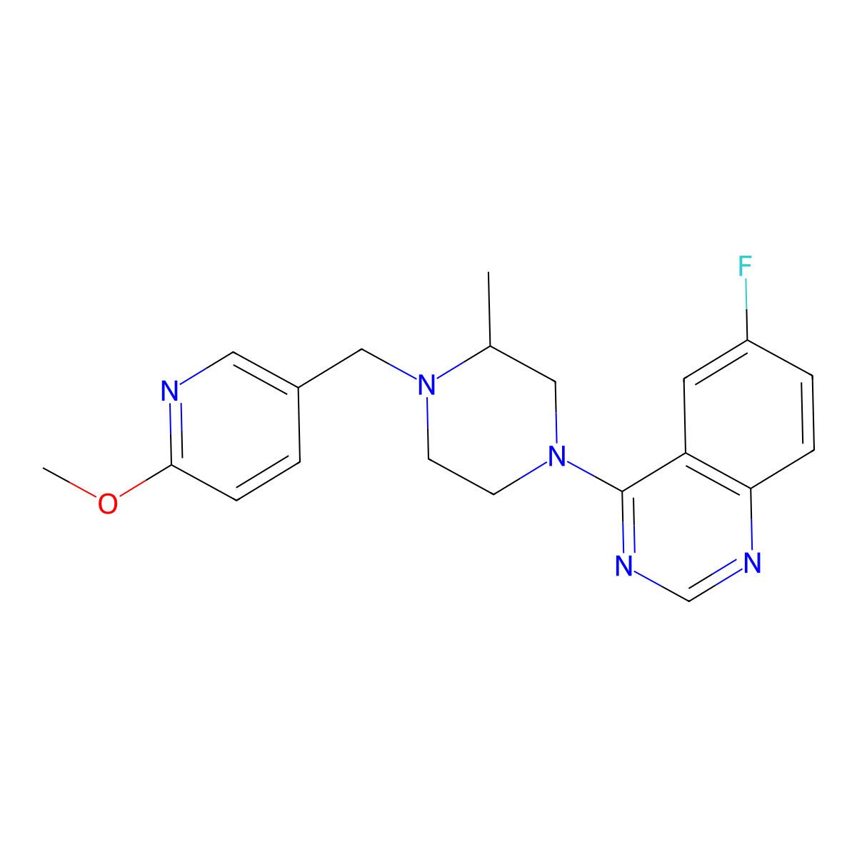 6-Fluoro-4-{4-[(6-methoxypyridin-3-yl)methyl]-3-methylpiperazin-1-yl}quinazoline molecular structure, CAS 2741948-45-6