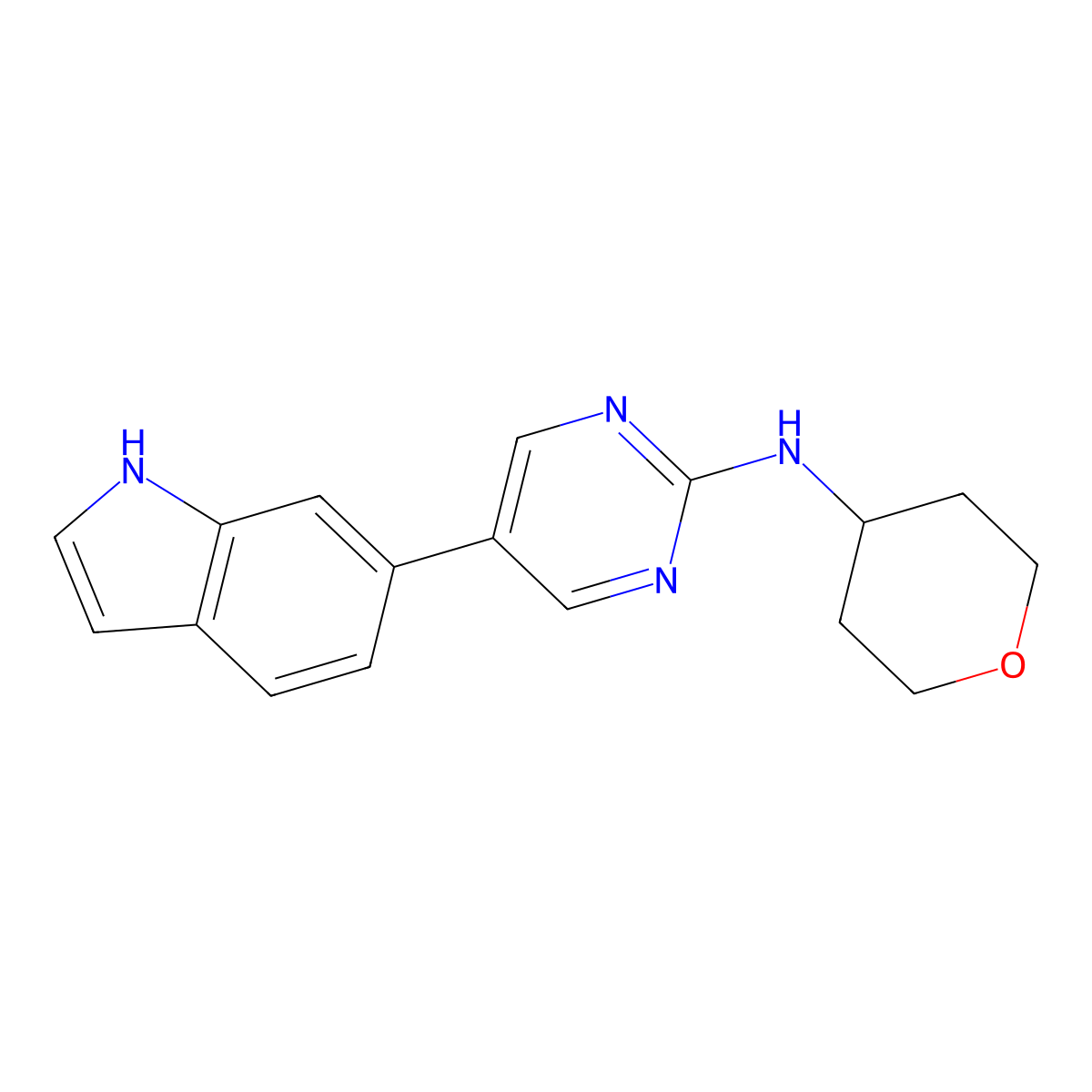 5-(1H-indol-6-yl)-N-(oxan-4-yl)pyrimidin-2-amine molecular structure, CAS 2741948-48-9
