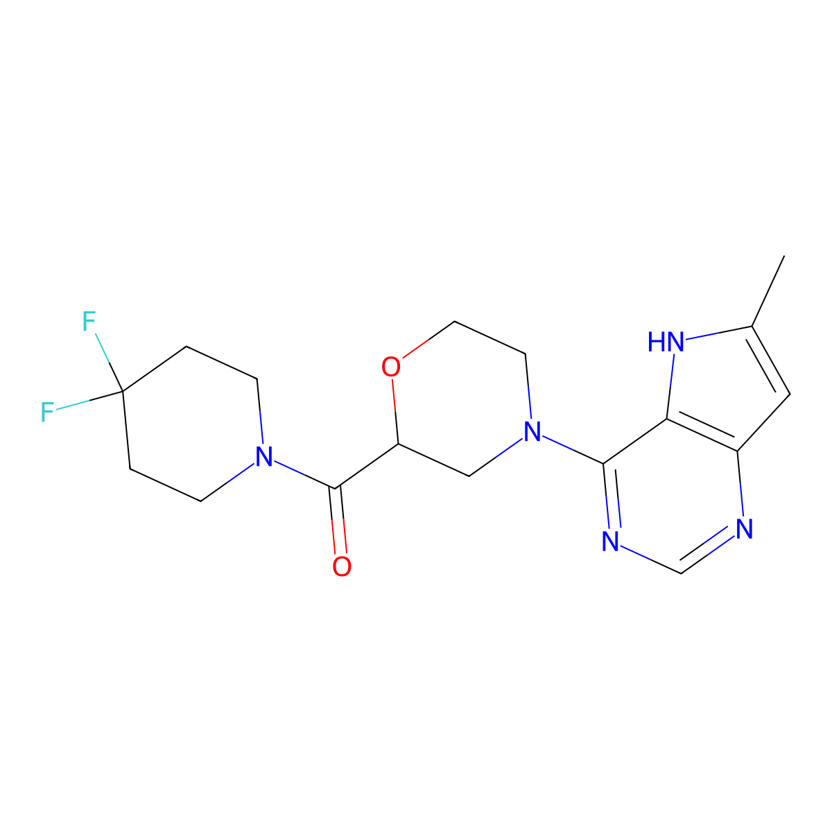 2-(4,4-difluoropiperidine-1-carbonyl)-4-{6-methyl-5H-pyrrolo[3,2-d]pyrimidin-4-yl}morpholine molecular structure, CAS 2741948-58-1