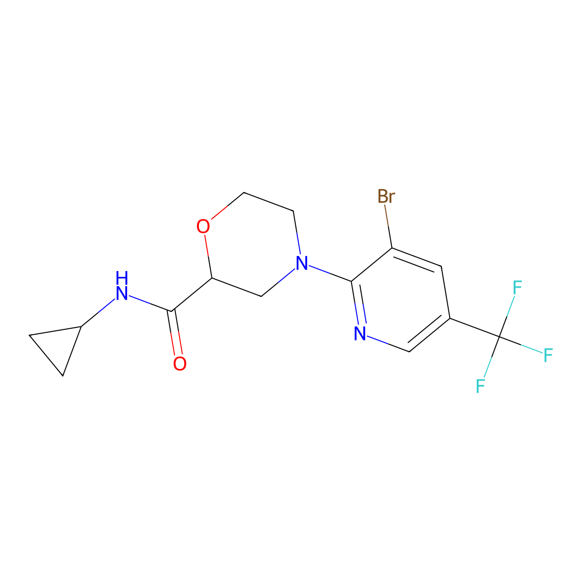 4-[3-bromo-5-(trifluoromethyl)pyridin-2-yl]-N-cyclopropylmorpholine-2-carboxamide molecular structure, CAS 2741948-59-2