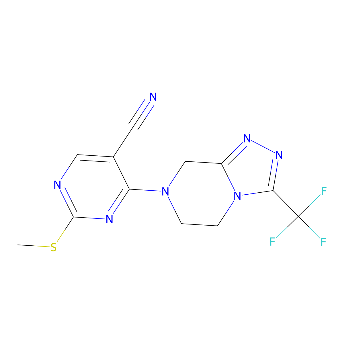 2-(methylsulfanyl)-4-[3-(trifluoromethyl)-5H,6H,7H,8H-[1,2,4]triazolo[4,3-a]pyrazin-7-yl]pyrimidine-5-carbonitrile molecular structure, CAS 2741948-60-5