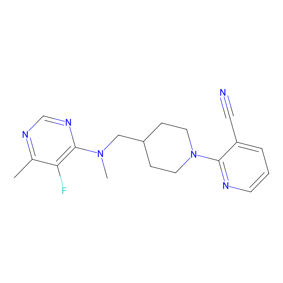2-(4-{[(5-Fluoro-6-methylpyrimidin-4-yl)(methyl)amino]methyl}piperidin-1-yl)pyridine-3-carbonitrile molecular structure, CAS 2741948-63-8