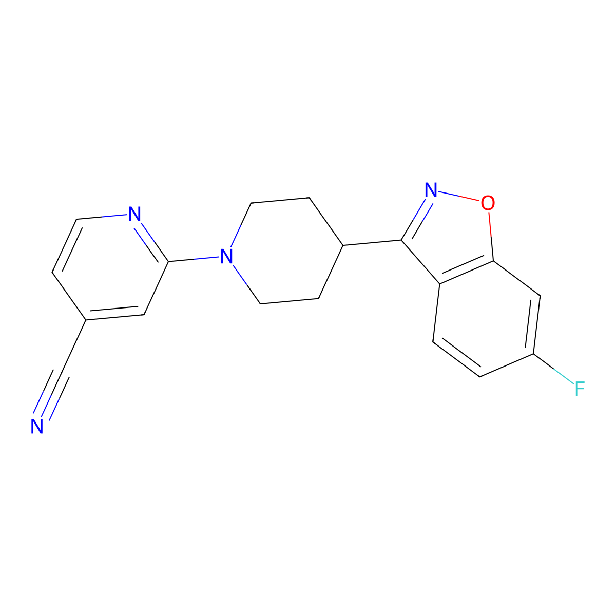 2-[4-(6-Fluoro-1,2-benzoxazol-3-yl)piperidin-1-yl]pyridine-4-carbonitrile molecular structure, CAS 2741948-71-8