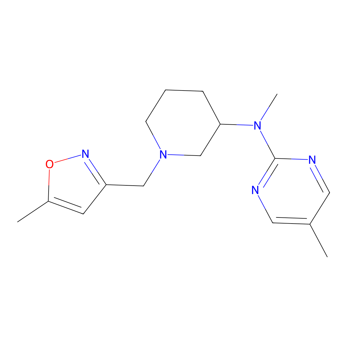 N,5-dimethyl-N-{1-[(5-methyl-1,2-oxazol-3-yl)methyl]piperidin-3-yl}pyrimidin-2-amine molecular structure, CAS 2741948-72-9