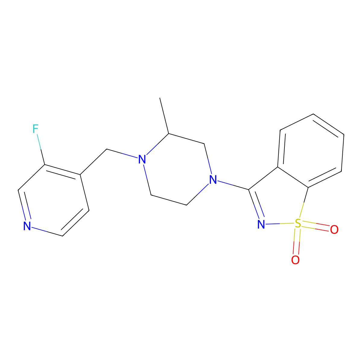3-[4-[(3-Fluoro-4-pyridinyl)methyl]-3-methylpiperazin-1-yl]-1,2-benzothiazole 1,1-dioxide molecular structure, CAS 2741948-78-5