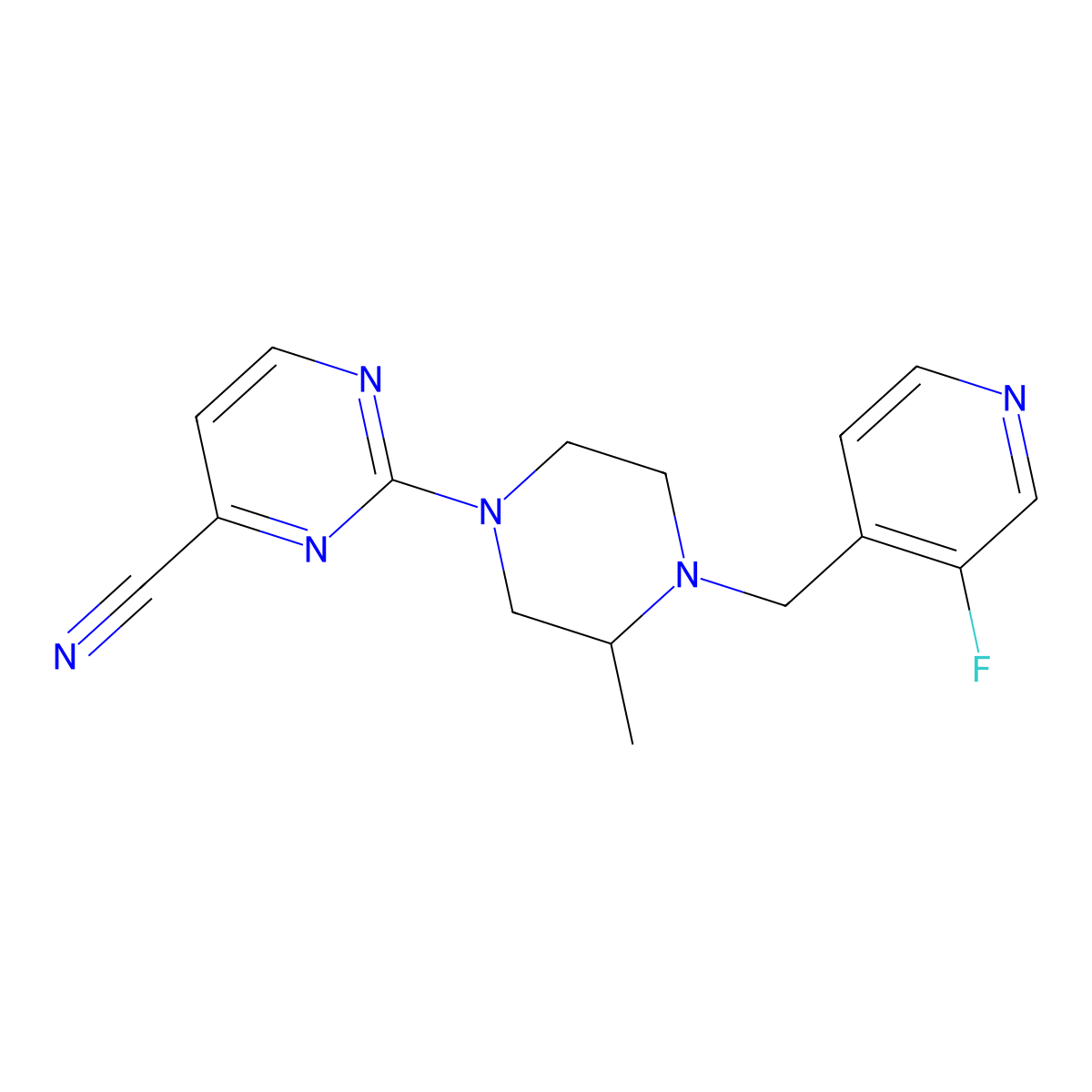 2-{4-[(3-Fluoropyridin-4-yl)methyl]-3-methylpiperazin-1-yl}pyrimidine-4-carbonitrile molecular structure, CAS 2741948-81-0