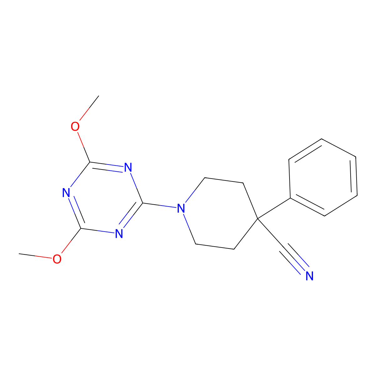 1-(4,6-Dimethoxy-1,3,5-triazin-2-yl)-4-phenylpiperidine-4-carbonitrile molecular structure, CAS 2741948-85-4