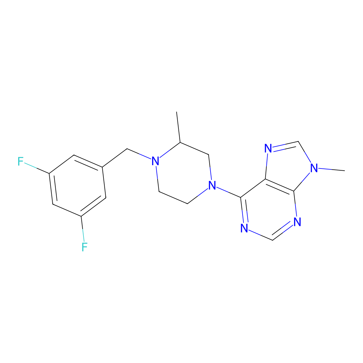 6-{4-[(3,5-difluorophenyl)methyl]-3-methylpiperazin-1-yl}-9-methyl-9H-purine molecular structure, CAS 2741948-88-7