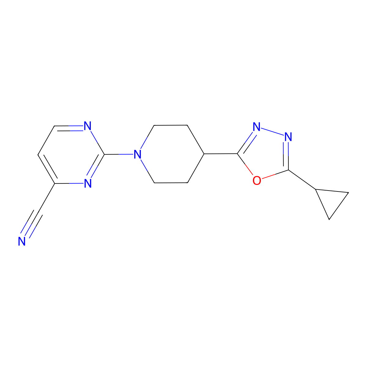 2-[4-(5-Cyclopropyl-1,3,4-oxadiazol-2-yl)piperidin-1-yl]pyrimidine-4-carbonitrile molecular structure, CAS 2741948-89-8