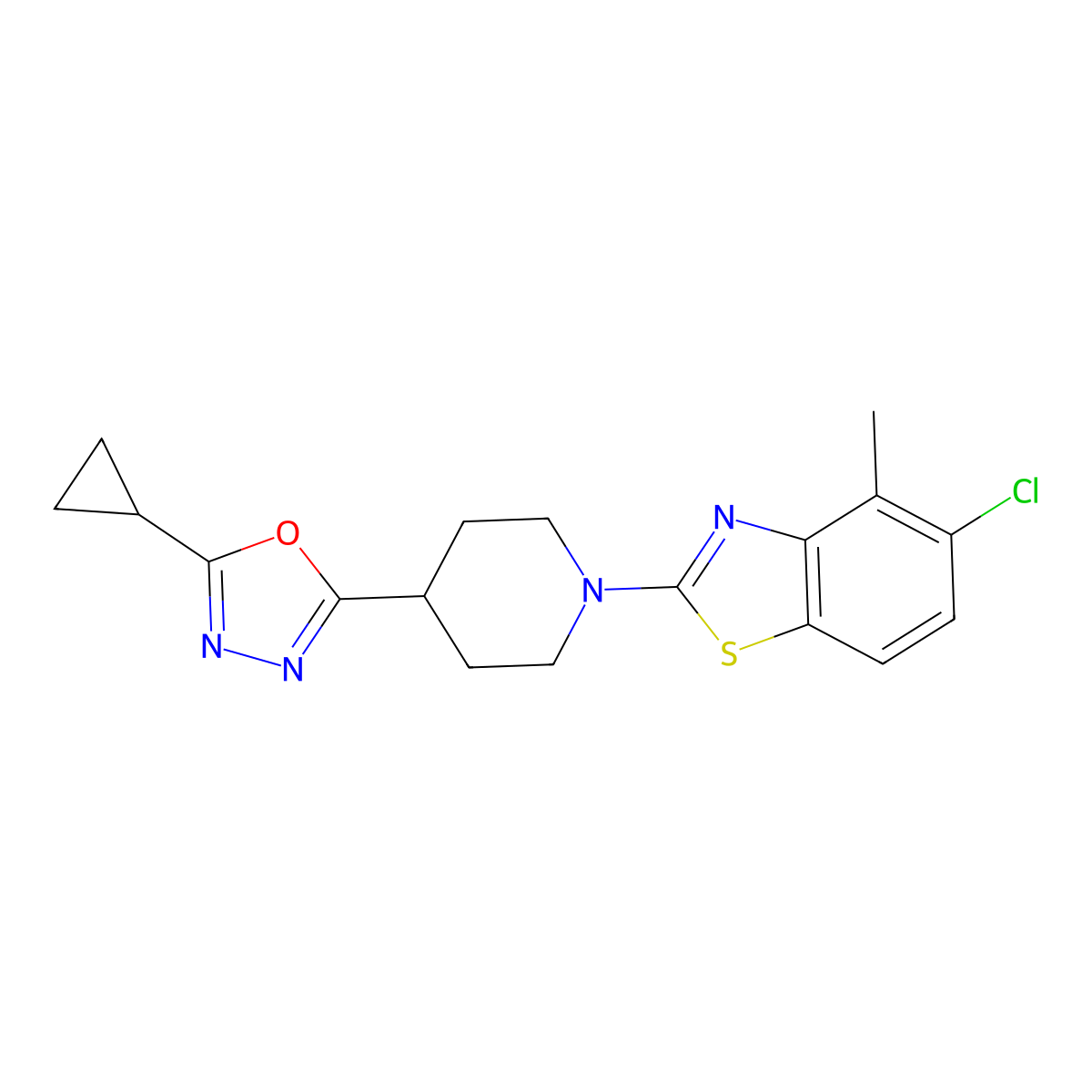 5-Chloro-2-[4-(5-cyclopropyl-1,3,4-oxadiazol-2-yl)piperidin-1-yl]-4-methyl-1,3-benzothiazole molecular structure, CAS 2741948-90-1
