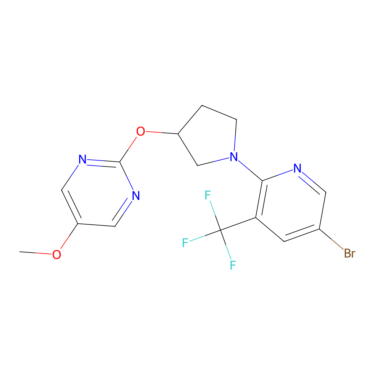 2-({1-[5-Bromo-3-(trifluoromethyl)pyridin-2-yl]pyrrolidin-3-yl}oxy)-5-methoxypyrimidine molecular structure, CAS 2741948-93-4
