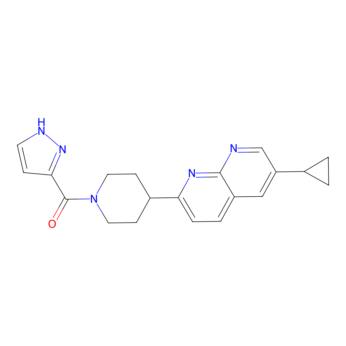 6-cyclopropyl-2-[1-(1H-pyrazole-3-carbonyl)piperidin-4-yl]-1,8-naphthyridine molecular structure, CAS 2741948-96-7