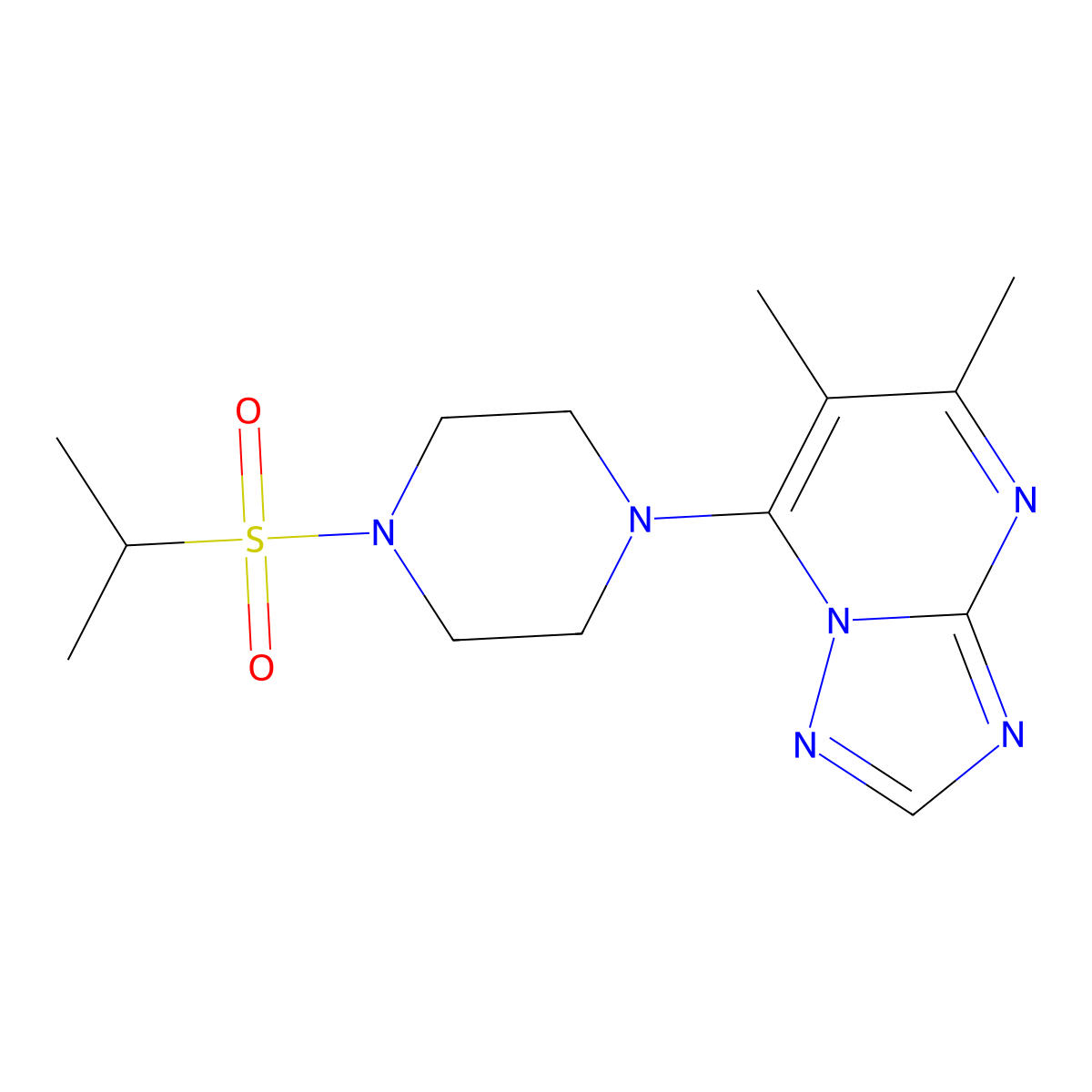 1-{5,6-Dimethyl-[1,2,4]triazolo[1,5-a]pyrimidin-7-yl}-4-(propane-2-sulfonyl)piperazine molecular structure, CAS 2741948-98-9