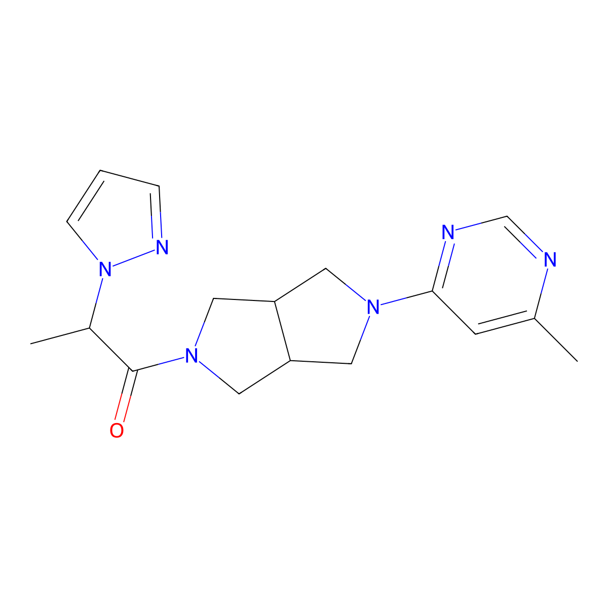 1-[5-(6-methylpyrimidin-4-yl)-octahydropyrrolo[3,4-c]pyrrol-2-yl]-2-(1H-pyrazol-1-yl)propan-1-one molecular structure, CAS 2741949-01-7