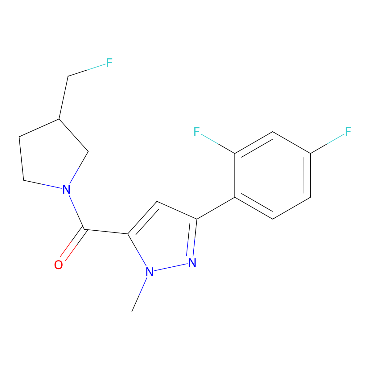 3-(2,4-difluorophenyl)-5-[3-(fluoromethyl)pyrrolidine-1-carbonyl]-1-methyl-1H-pyrazole molecular structure, CAS 2741949-03-9