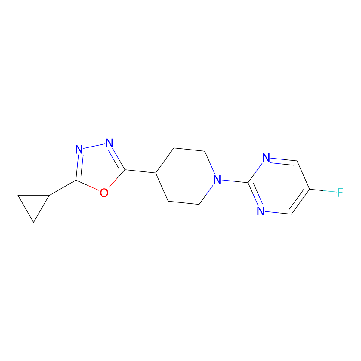 2-[4-(5-Cyclopropyl-1,3,4-oxadiazol-2-yl)piperidin-1-yl]-5-fluoropyrimidine molecular structure, CAS 2741949-07-3