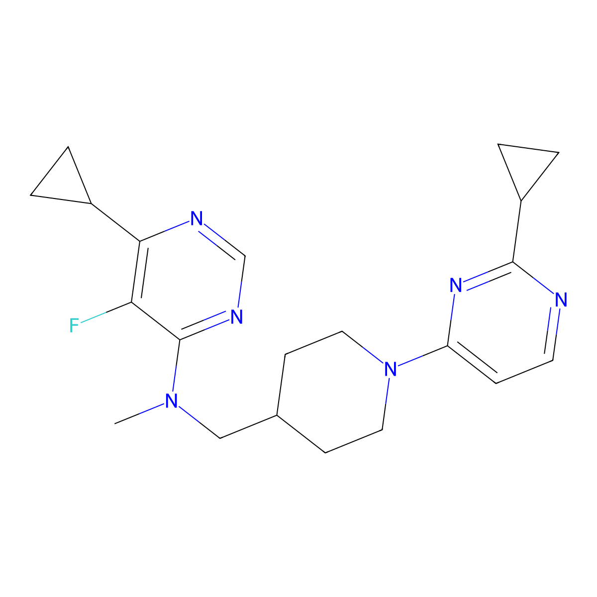 6-cyclopropyl-N-{[1-(2-cyclopropylpyrimidin-4-yl)piperidin-4-yl]methyl}-5-fluoro-N-methylpyrimidin-4-amine molecular structure, CAS 2741949-09-5