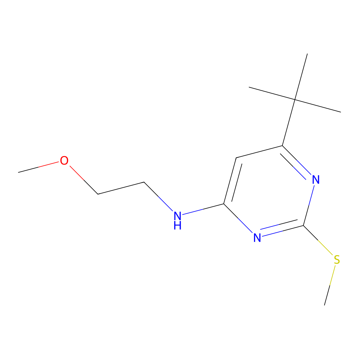 6-tert-butyl-N-(2-methoxyethyl)-2-(methylsulfanyl)pyrimidin-4-amine molecular structure, CAS 2741949-16-4