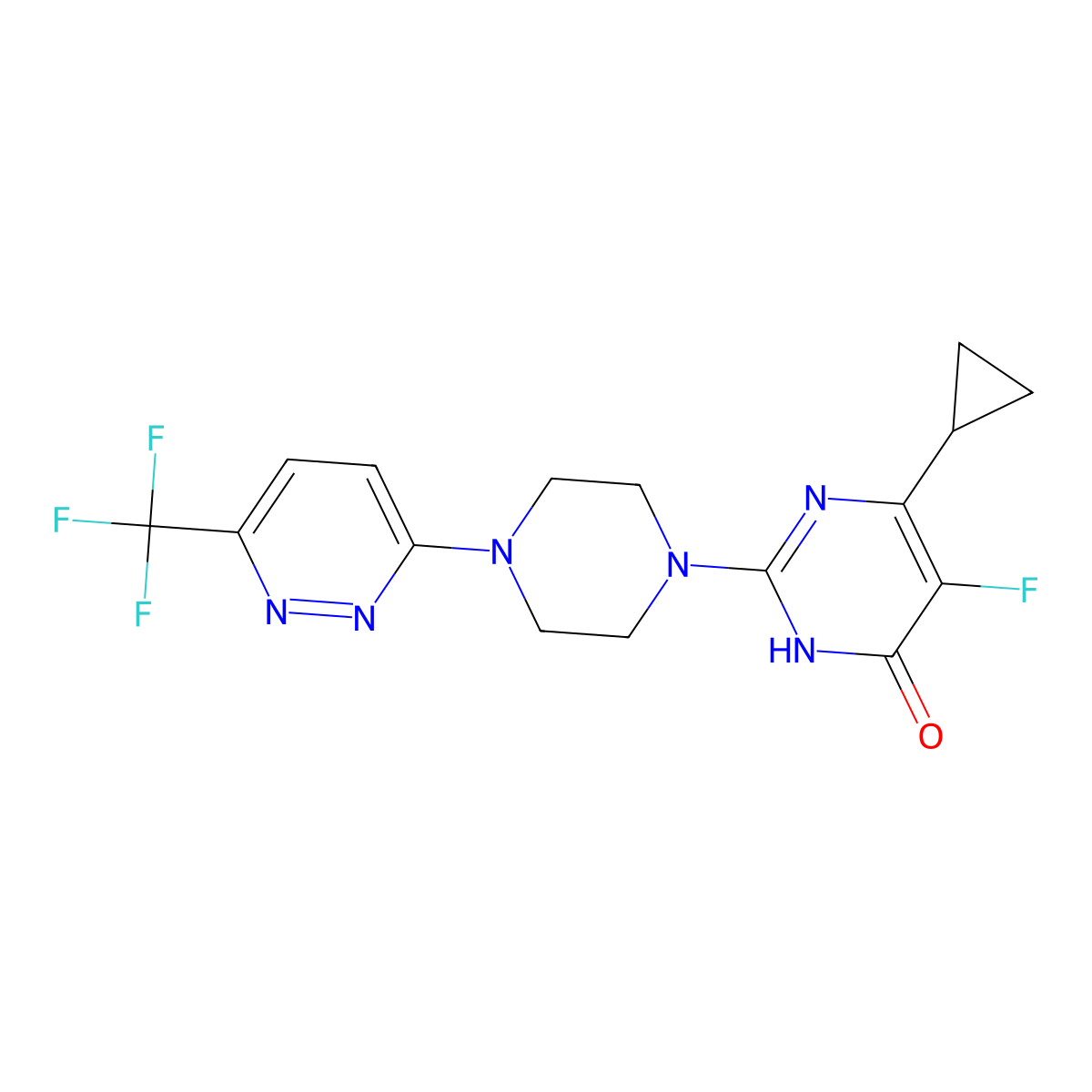 6-Cyclopropyl-5-fluoro-2-{4-[6-(trifluoromethyl)pyridazin-3-yl]piperazin-1-yl}-3,4-dihydropyrimidin-4-one molecular structure, CAS 2741949-20-0