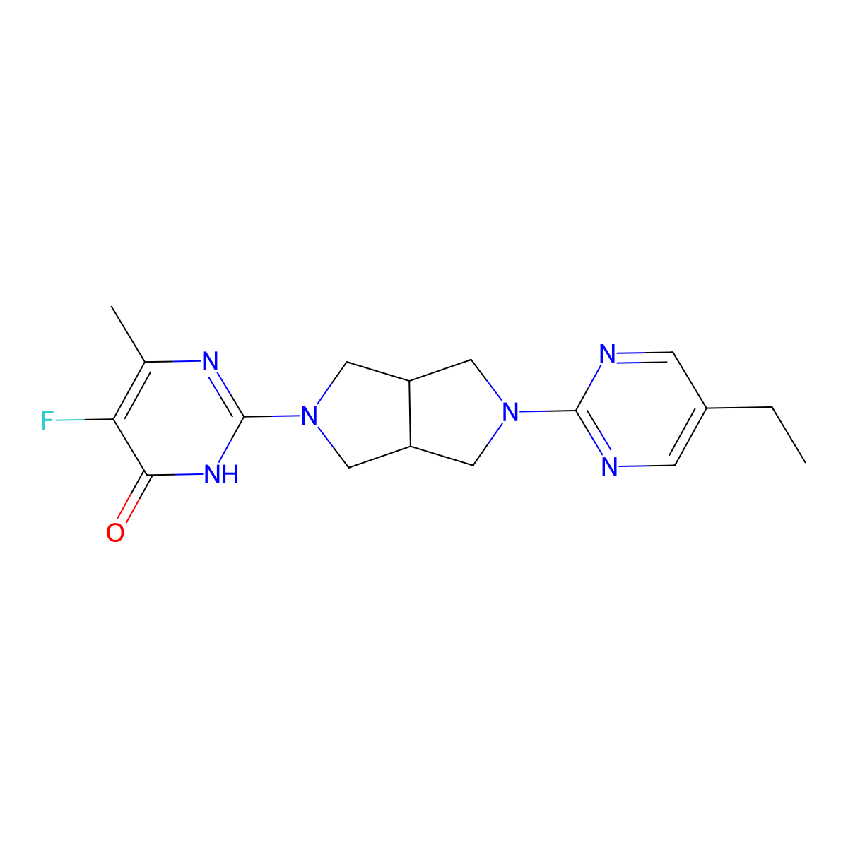 2-[5-(5-Ethylpyrimidin-2-yl)-octahydropyrrolo[3,4-c]pyrrol-2-yl]-5-fluoro-6-methyl-3,4-dihydropyrimidin-4-one molecular structure, CAS 2741949-29-9
