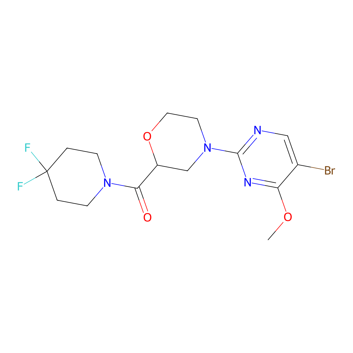 4-(5-Bromo-4-methoxypyrimidin-2-yl)-2-(4,4-difluoropiperidine-1-carbonyl)morpholine molecular structure, CAS 2741949-42-6