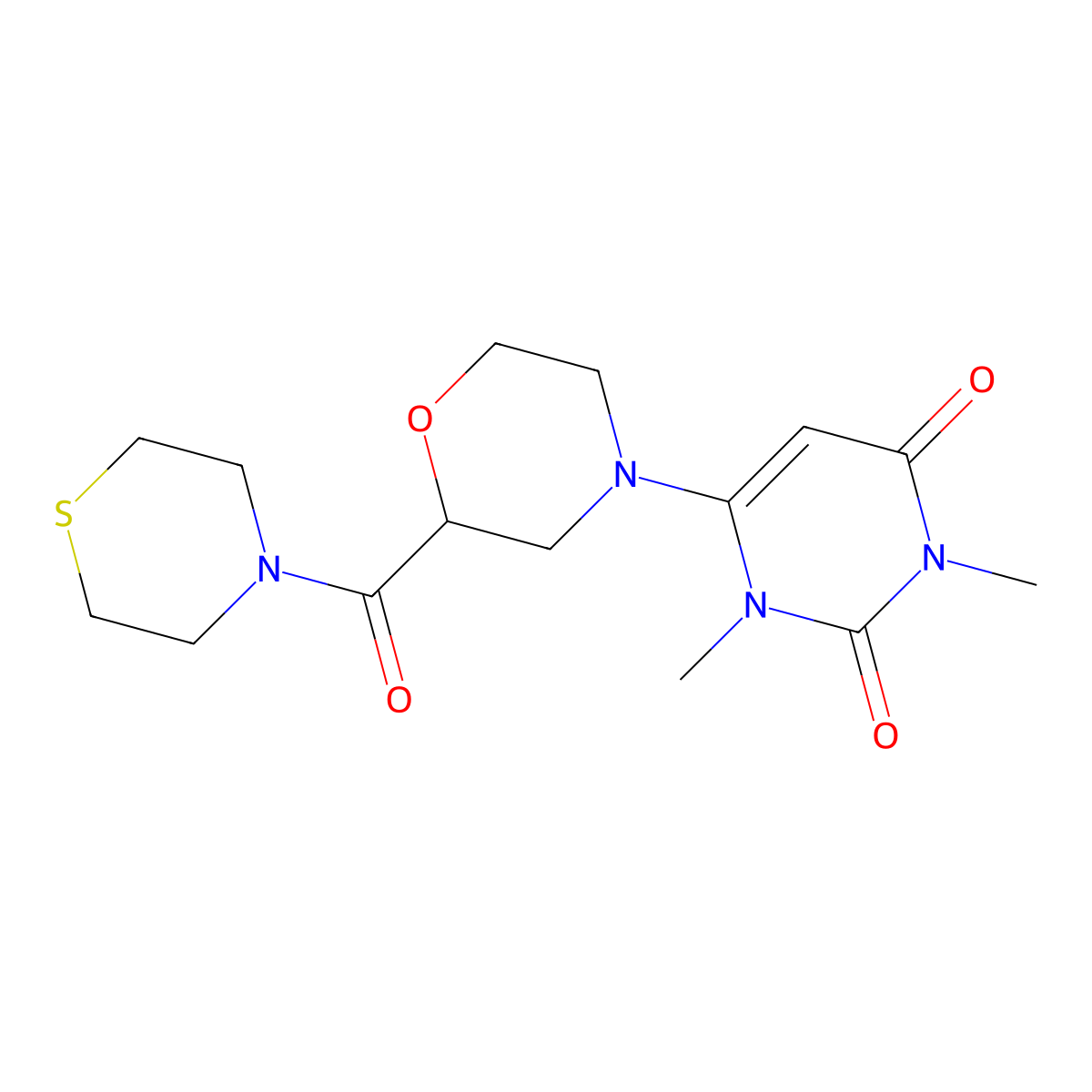 1,3-Dimethyl-6-[2-(thiomorpholine-4-carbonyl)morpholin-4-yl]-1,2,3,4-tetrahydropyrimidine-2,4-dione molecular structure, CAS 2741953-94-4