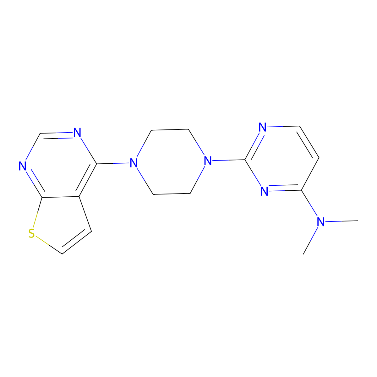 N,N-dimethyl-2-(4-{thieno[2,3-d]pyrimidin-4-yl}piperazin-1-yl)pyrimidin-4-amine molecular structure, CAS 2741954-00-5