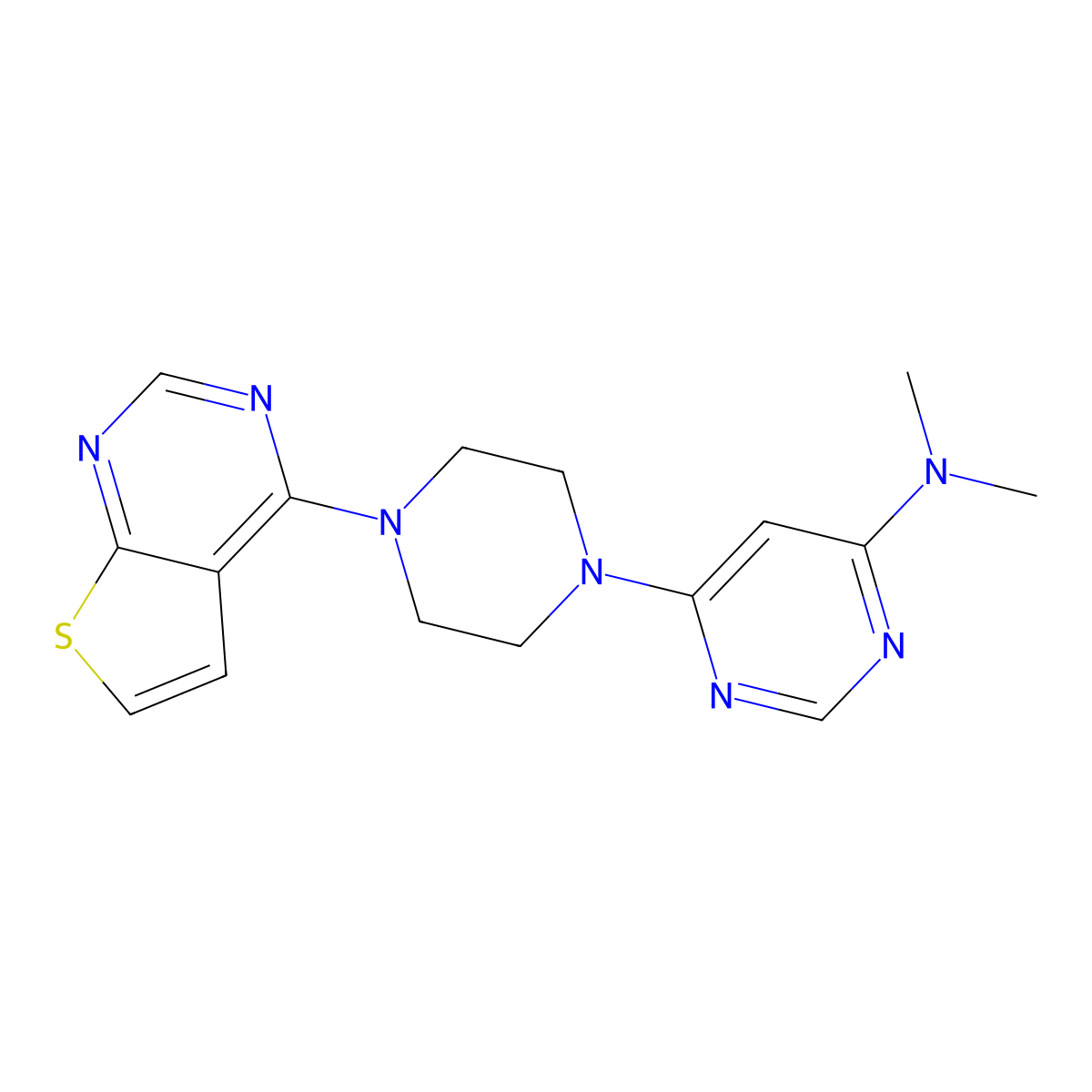N,N-dimethyl-6-(4-{thieno[2,3-d]pyrimidin-4-yl}piperazin-1-yl)pyrimidin-4-amine molecular structure, CAS 2741954-09-4