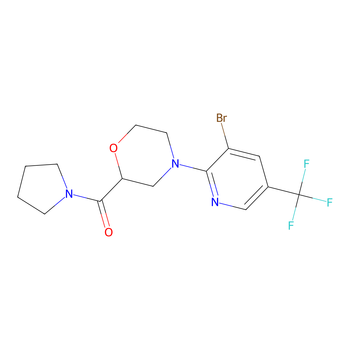 4-[3-Bromo-5-(trifluoromethyl)pyridin-2-yl]-2-(pyrrolidine-1-carbonyl)morpholine molecular structure, CAS 2741954-12-9